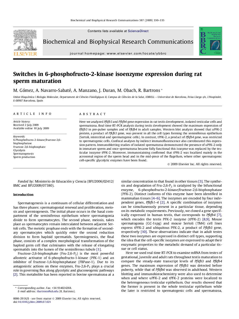 Switches in 6-phosphofructo-2-kinase isoenzyme expression during rat sperm maturation