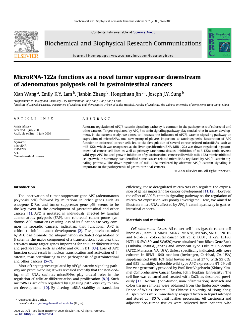 MicroRNA-122a functions as a novel tumor suppressor downstream of adenomatous polyposis coli in gastrointestinal cancers