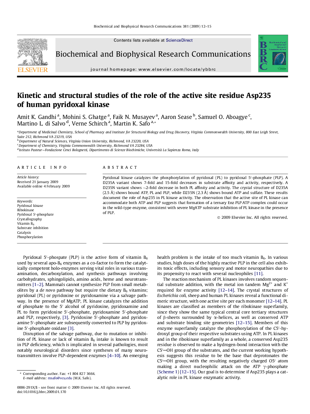 Kinetic and structural studies of the role of the active site residue Asp235 of human pyridoxal kinase