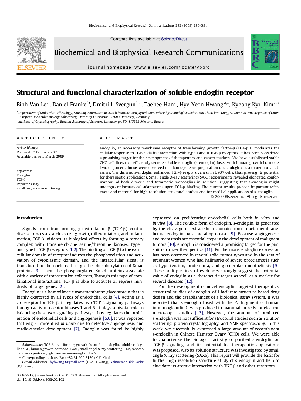 Structural and functional characterization of soluble endoglin receptor