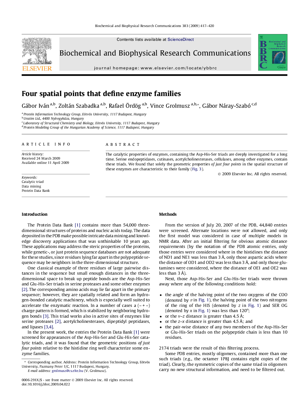 Four spatial points that define enzyme families