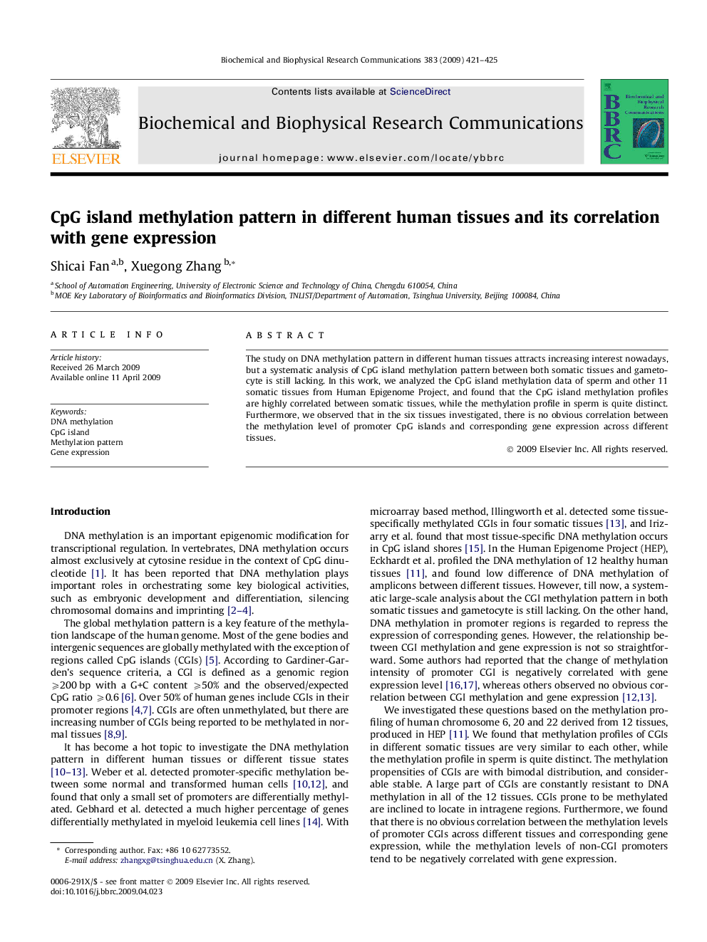 CpG island methylation pattern in different human tissues and its correlation with gene expression