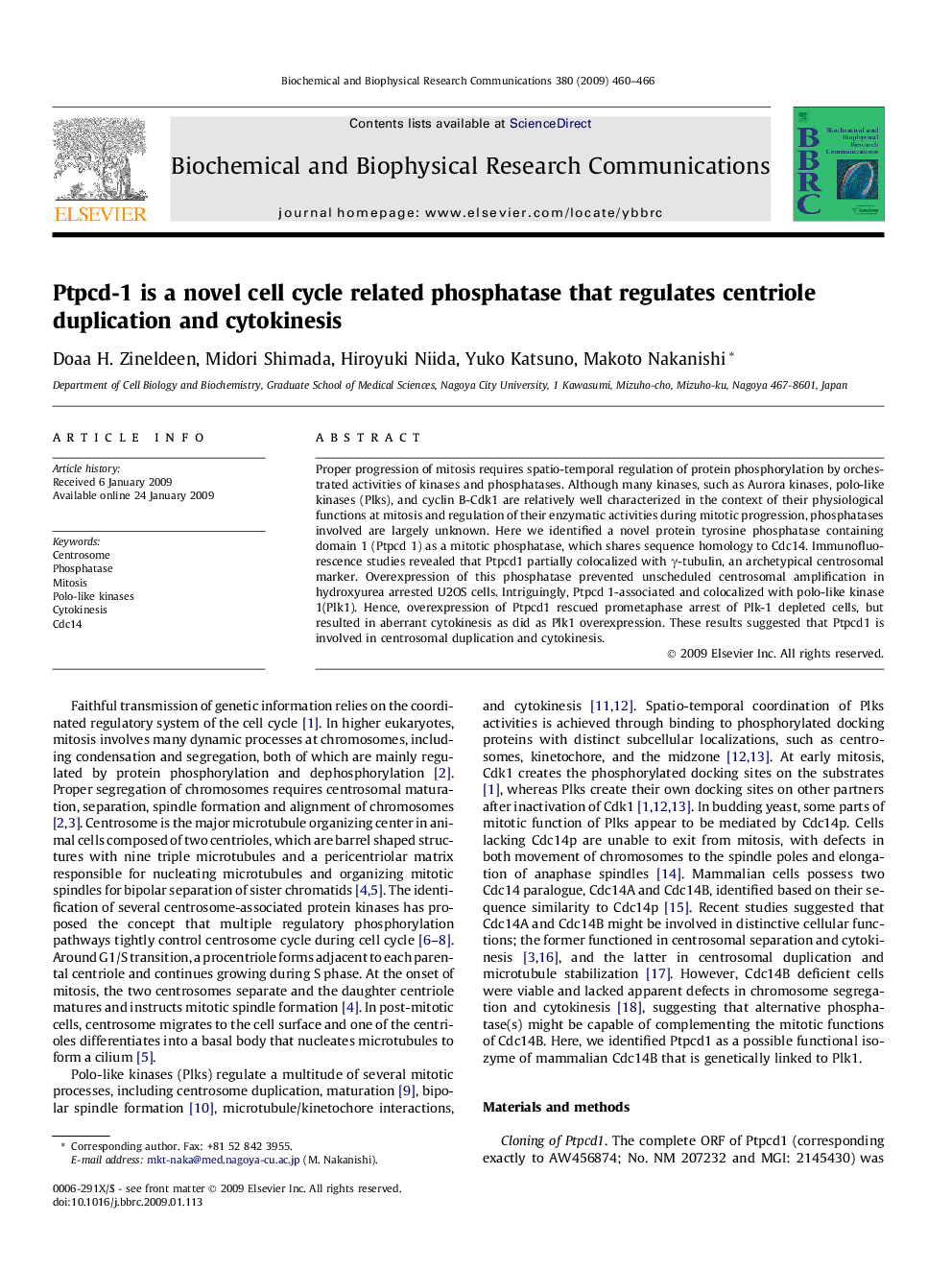 Ptpcd-1 is a novel cell cycle related phosphatase that regulates centriole duplication and cytokinesis