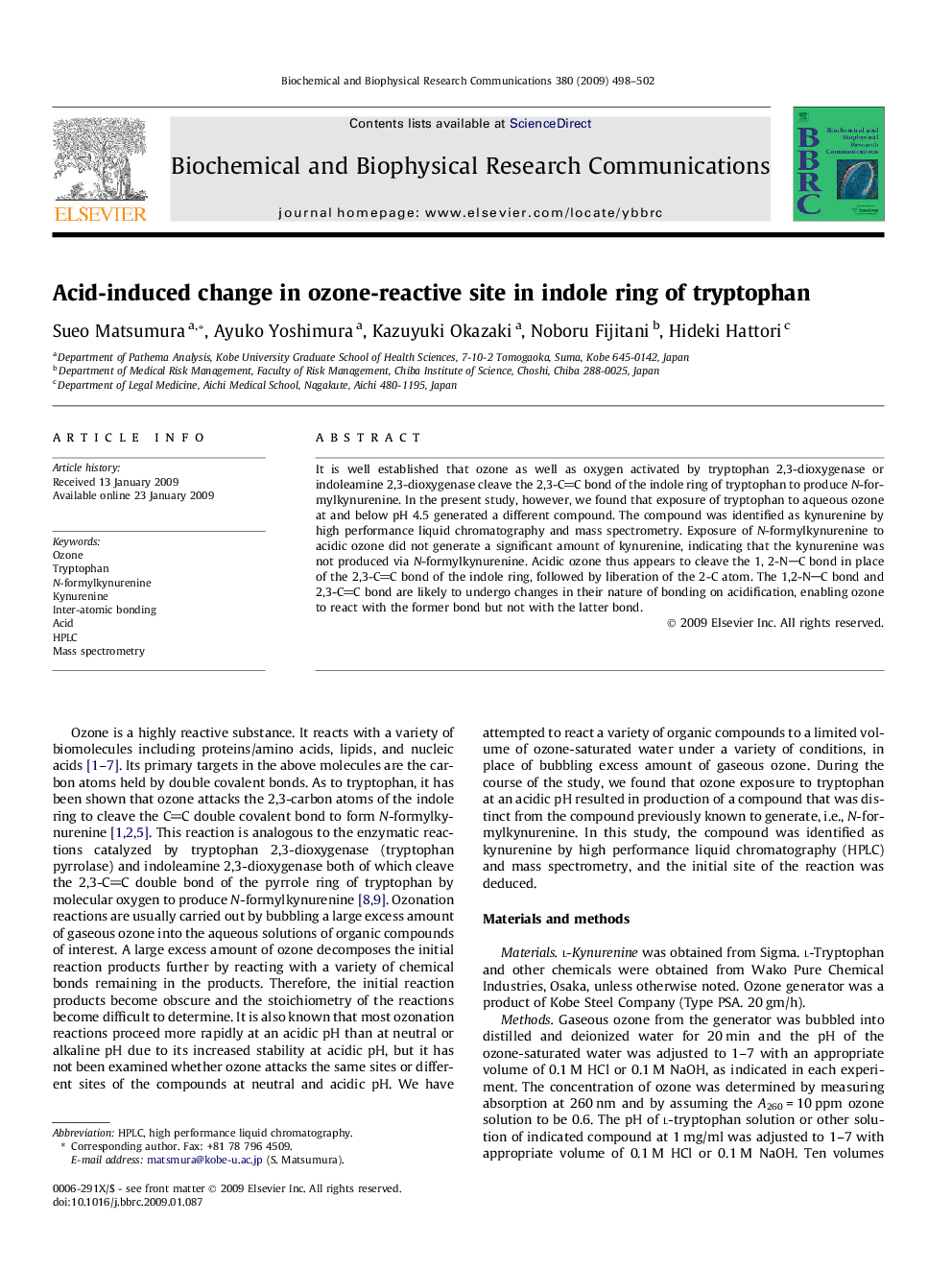 Acid-induced change in ozone-reactive site in indole ring of tryptophan