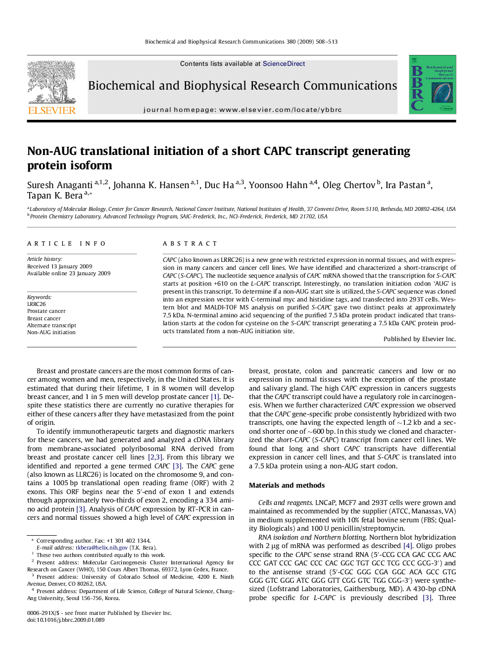 Non-AUG translational initiation of a short CAPC transcript generating protein isoform
