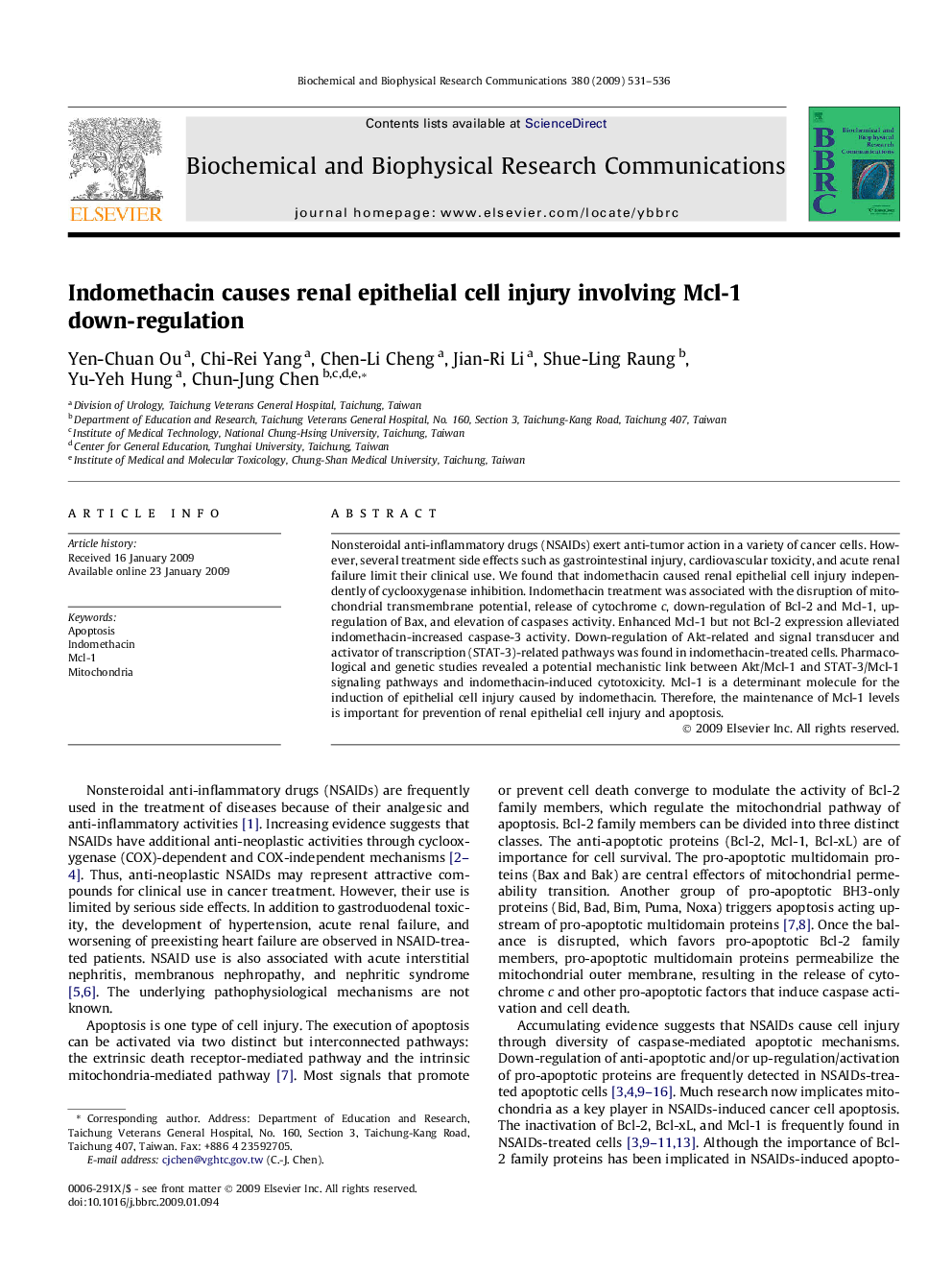 Indomethacin causes renal epithelial cell injury involving Mcl-1 down-regulation