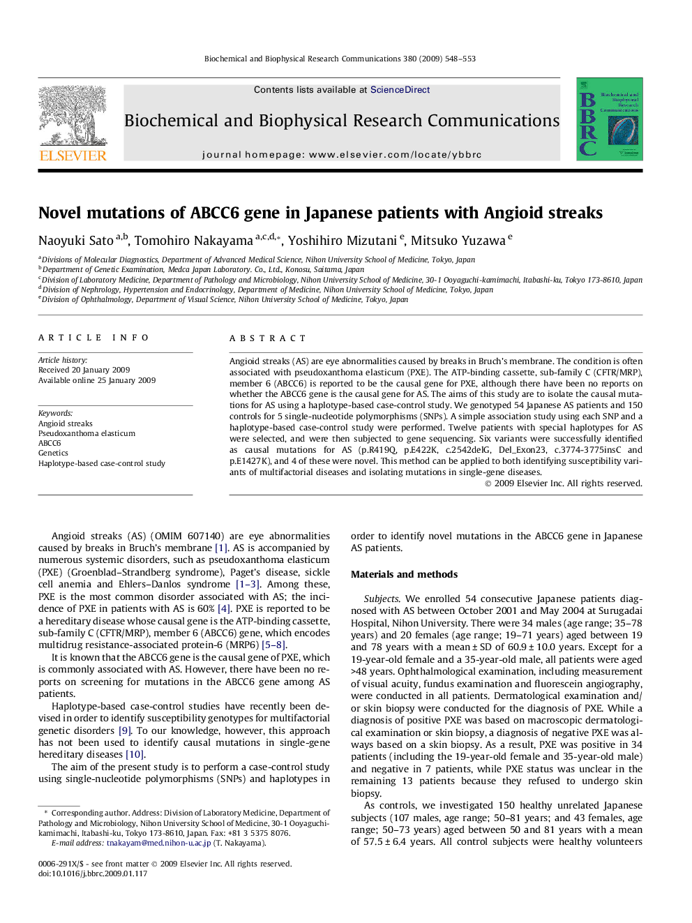 Novel mutations of ABCC6 gene in Japanese patients with Angioid streaks