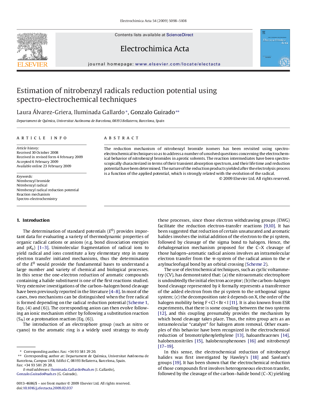 Estimation of nitrobenzyl radicals reduction potential using spectro-electrochemical techniques