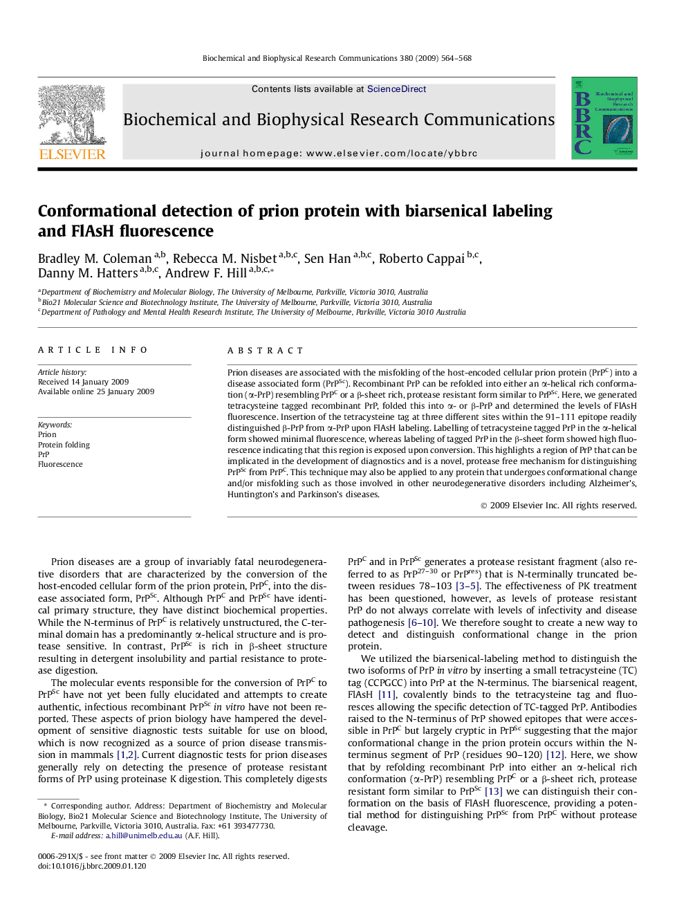 Conformational detection of prion protein with biarsenical labeling and FlAsH fluorescence