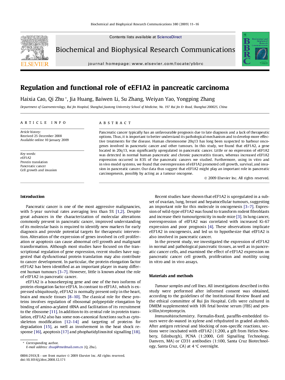 Regulation and functional role of eEF1A2 in pancreatic carcinoma