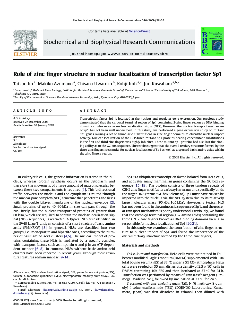 Role of zinc finger structure in nuclear localization of transcription factor Sp1