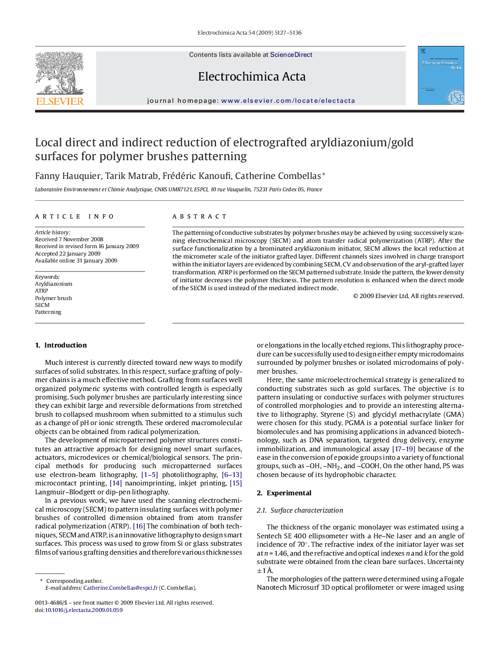 Local direct and indirect reduction of electrografted aryldiazonium/gold surfaces for polymer brushes patterning