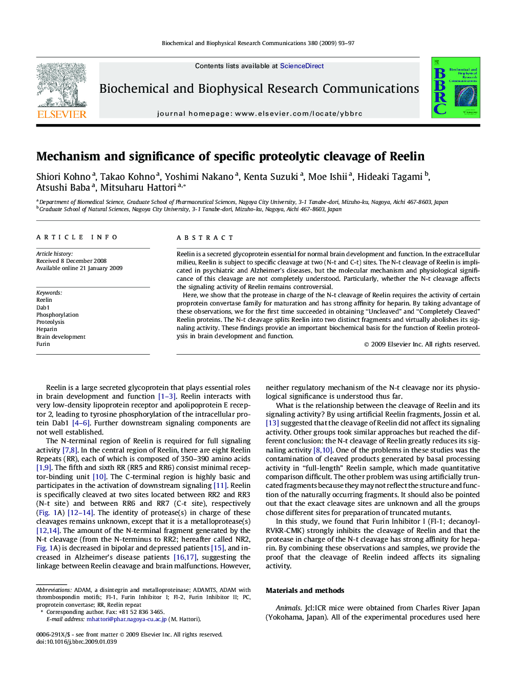 Mechanism and significance of specific proteolytic cleavage of Reelin