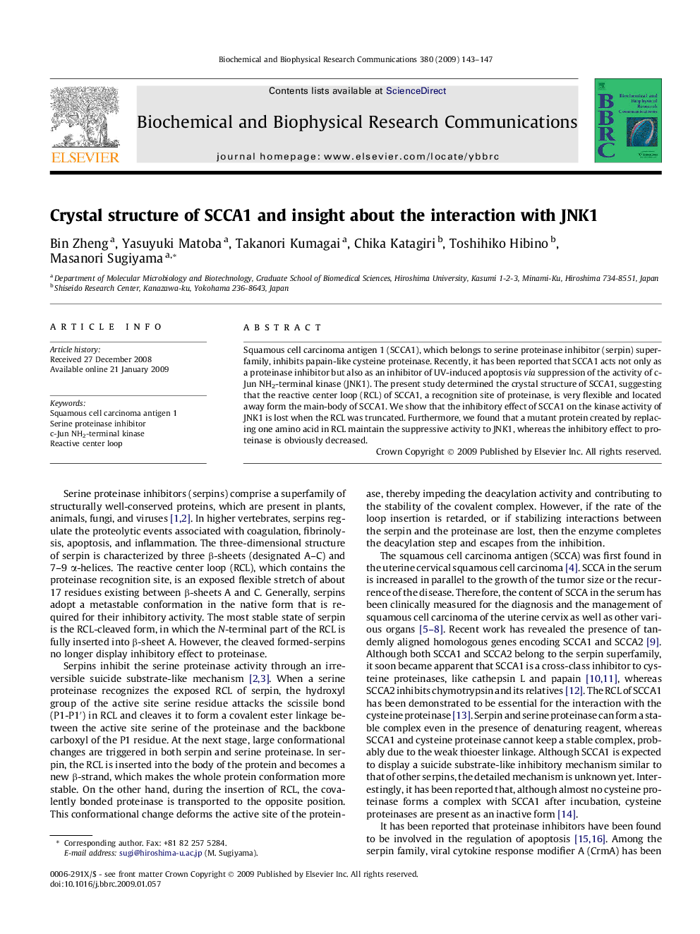 Crystal structure of SCCA1 and insight about the interaction with JNK1