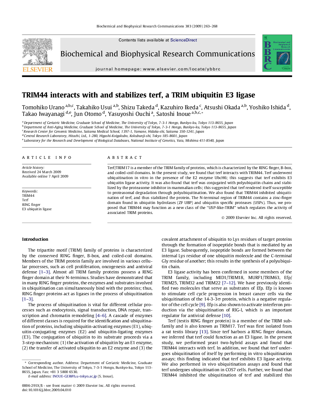 TRIM44 interacts with and stabilizes terf, a TRIM ubiquitin E3 ligase