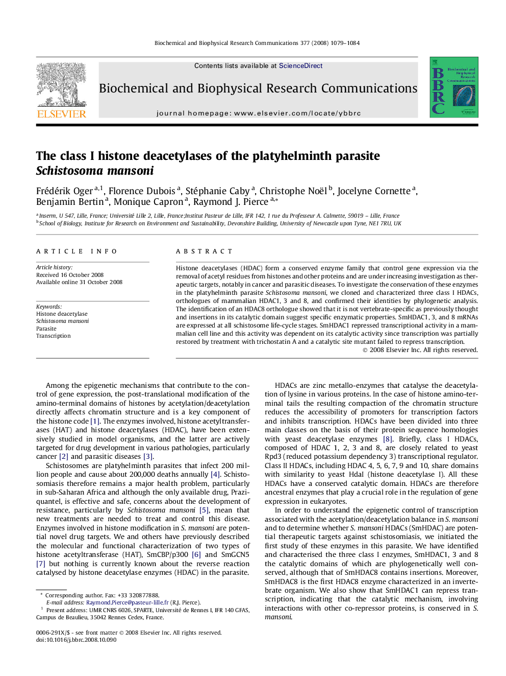 The class I histone deacetylases of the platyhelminth parasite Schistosoma mansoni