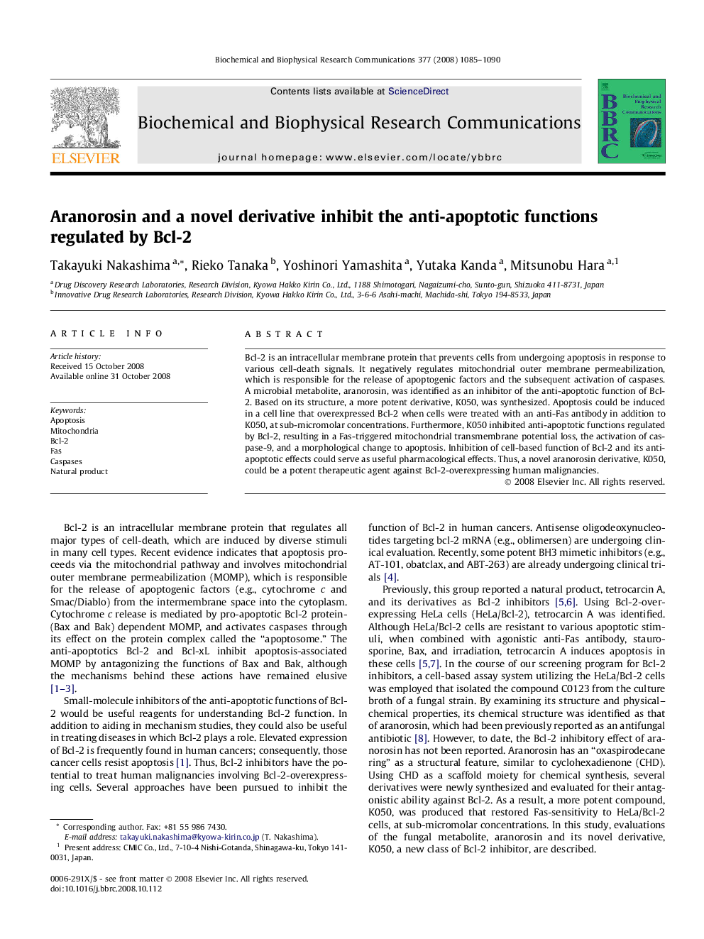 Aranorosin and a novel derivative inhibit the anti-apoptotic functions regulated by Bcl-2