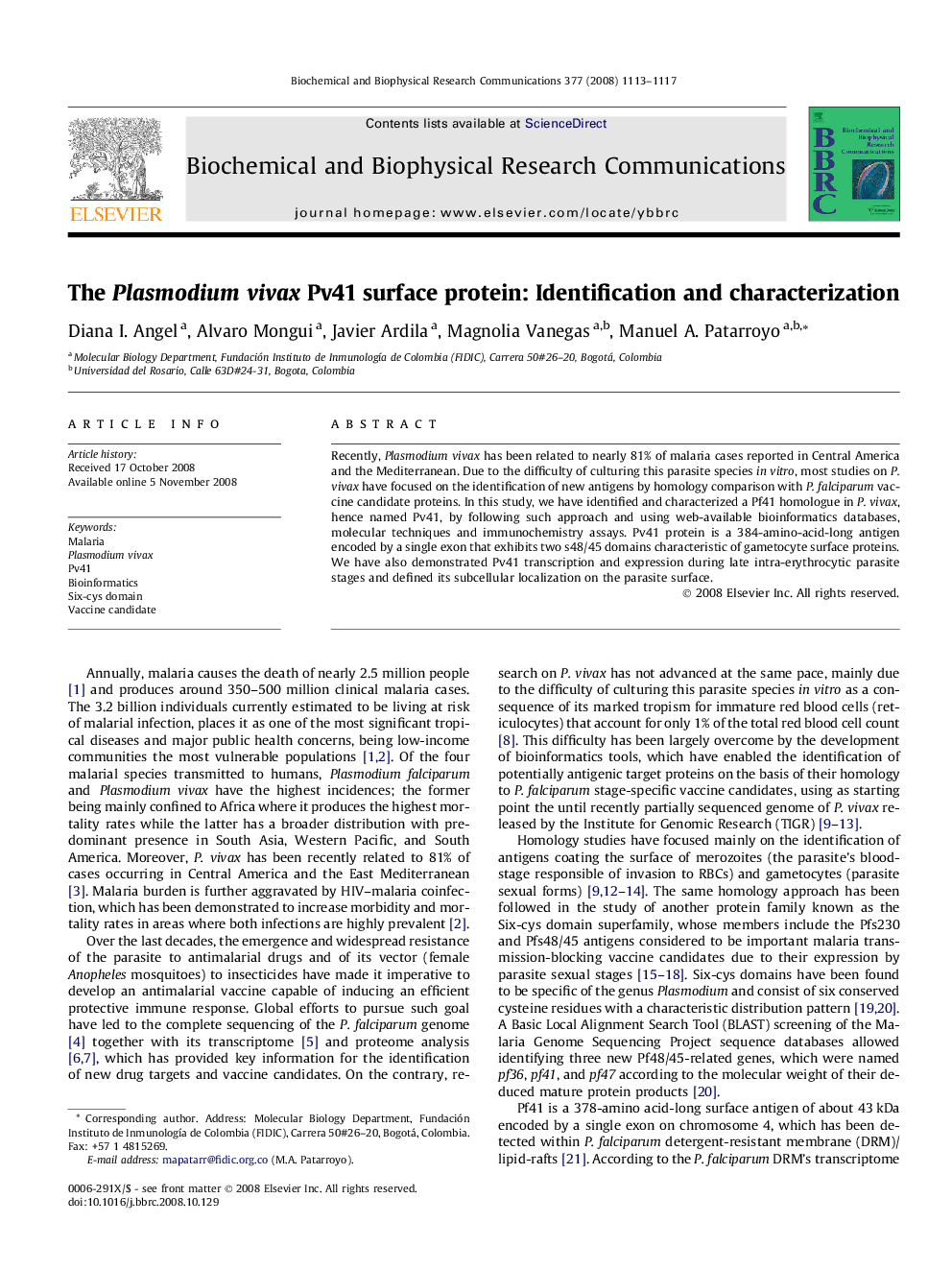 The Plasmodium vivax Pv41 surface protein: Identification and characterization