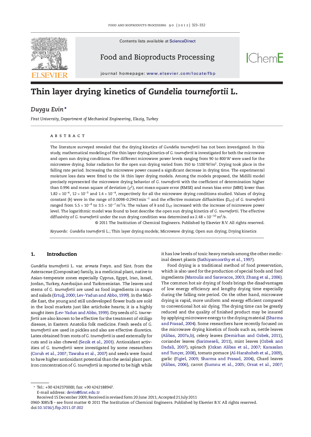 عکس صفحه اول مقاله: Thin layer drying kinetics of Gundelia tournefortii L. Thin layer drying kinetics of Gundelia tournefortii L.