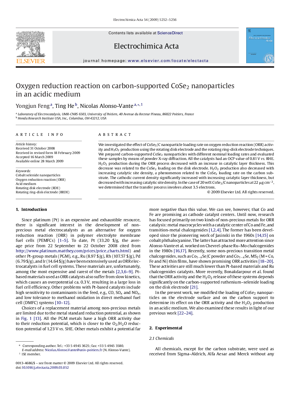 Oxygen reduction reaction on carbon-supported CoSe2 nanoparticles in an acidic medium