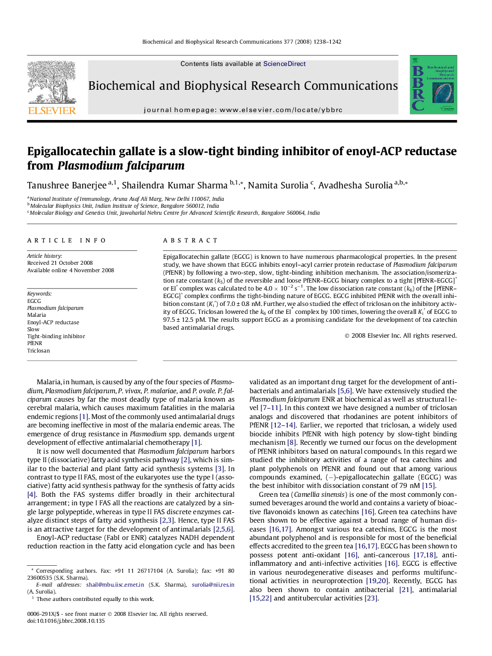 Epigallocatechin gallate is a slow-tight binding inhibitor of enoyl-ACP reductase from Plasmodium falciparum