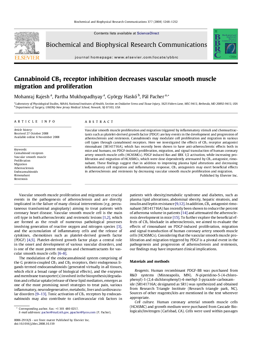 Cannabinoid CB1 receptor inhibition decreases vascular smooth muscle migration and proliferation