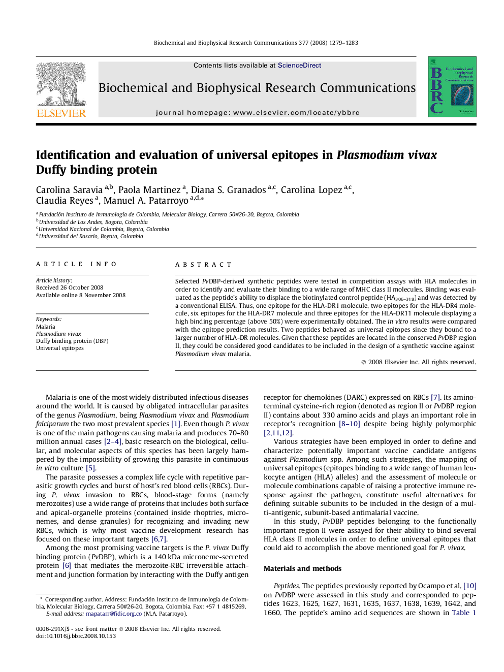 Identification and evaluation of universal epitopes in Plasmodium vivax Duffy binding protein