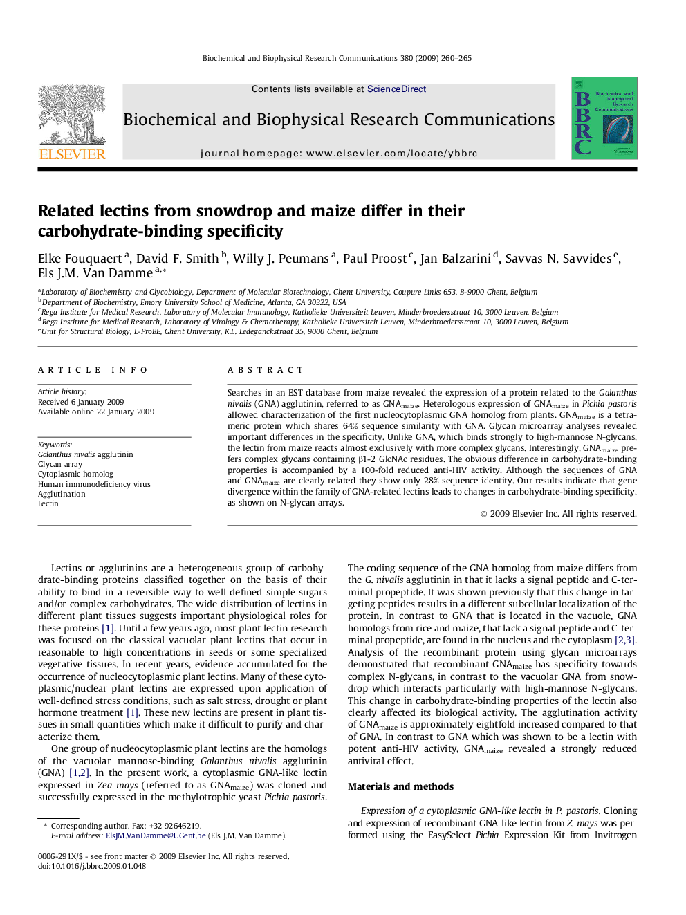 Related lectins from snowdrop and maize differ in their carbohydrate-binding specificity