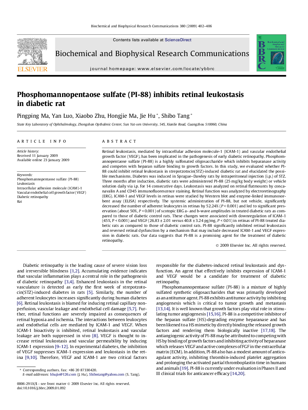 Phosphomannopentaose sulfate (PI-88) inhibits retinal leukostasis in diabetic rat