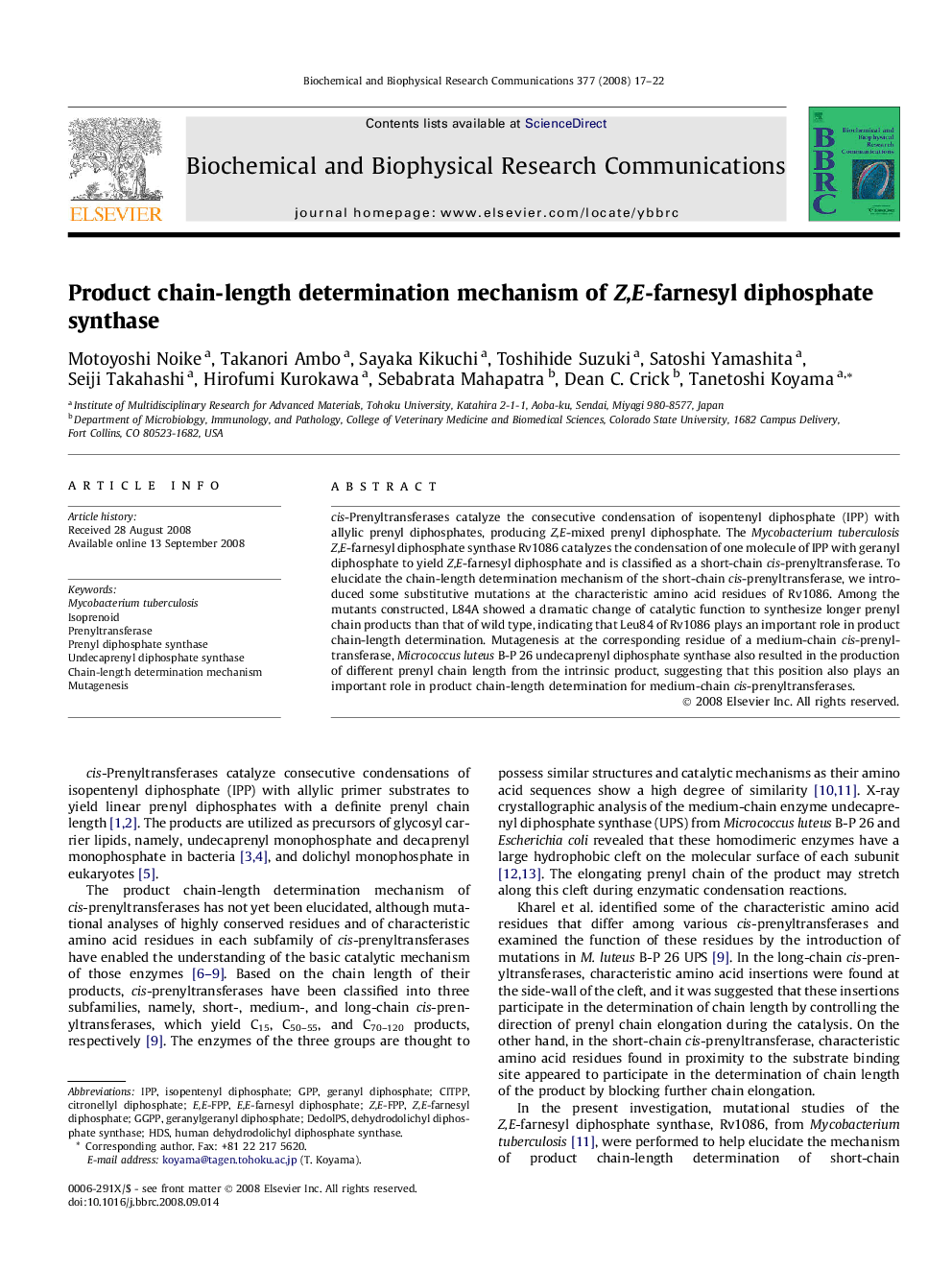 Product chain-length determination mechanism of Z,E-farnesyl diphosphate synthase