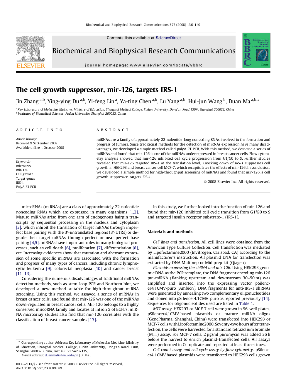 The cell growth suppressor, mir-126, targets IRS-1