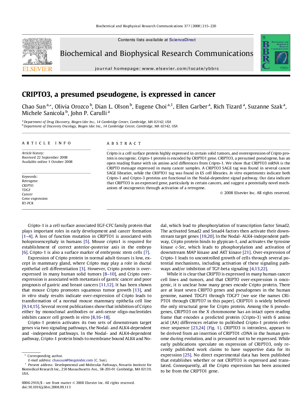 CRIPTO3, a presumed pseudogene, is expressed in cancer