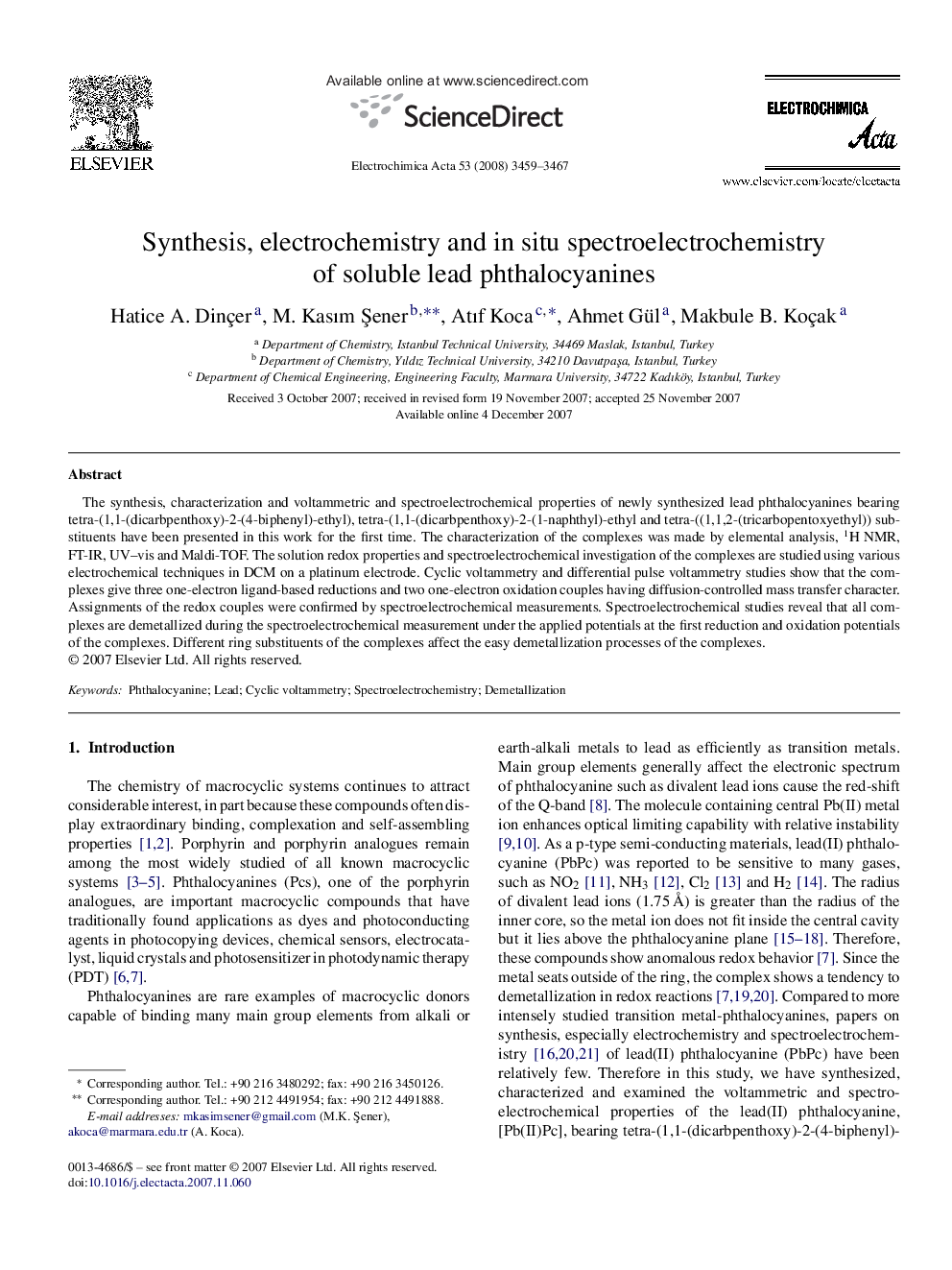 Synthesis, electrochemistry and in situ spectroelectrochemistry of soluble lead phthalocyanines