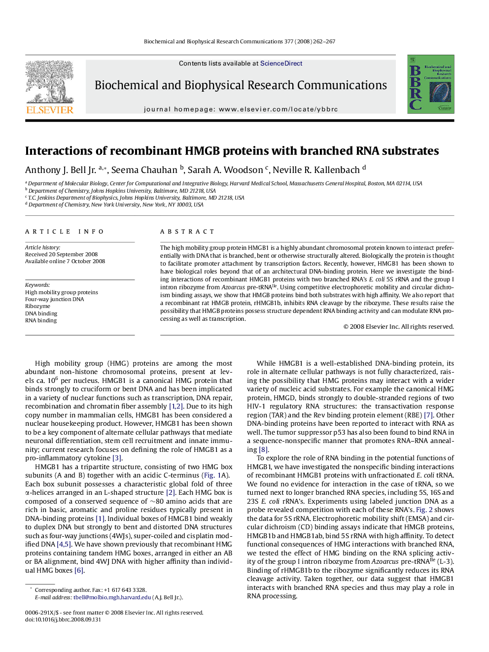 Interactions of recombinant HMGB proteins with branched RNA substrates