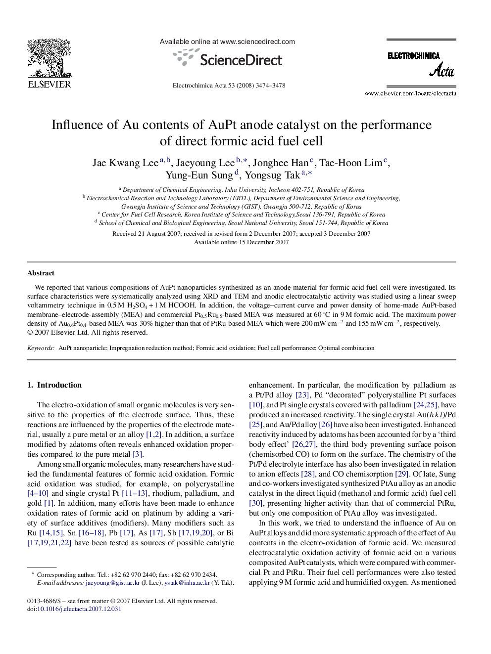 Influence of Au contents of AuPt anode catalyst on the performance of direct formic acid fuel cell