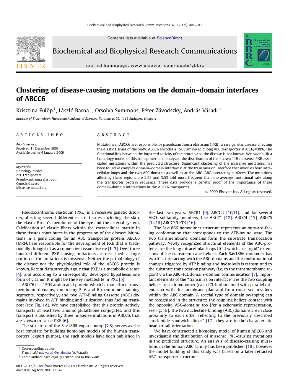 Clustering of disease-causing mutations on the domain–domain interfaces of ABCC6