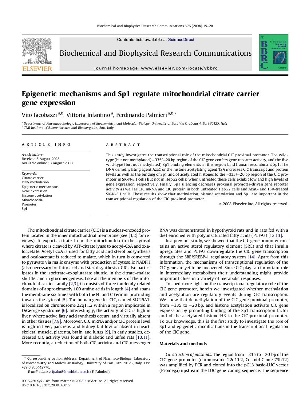 Epigenetic mechanisms and Sp1 regulate mitochondrial citrate carrier gene expression