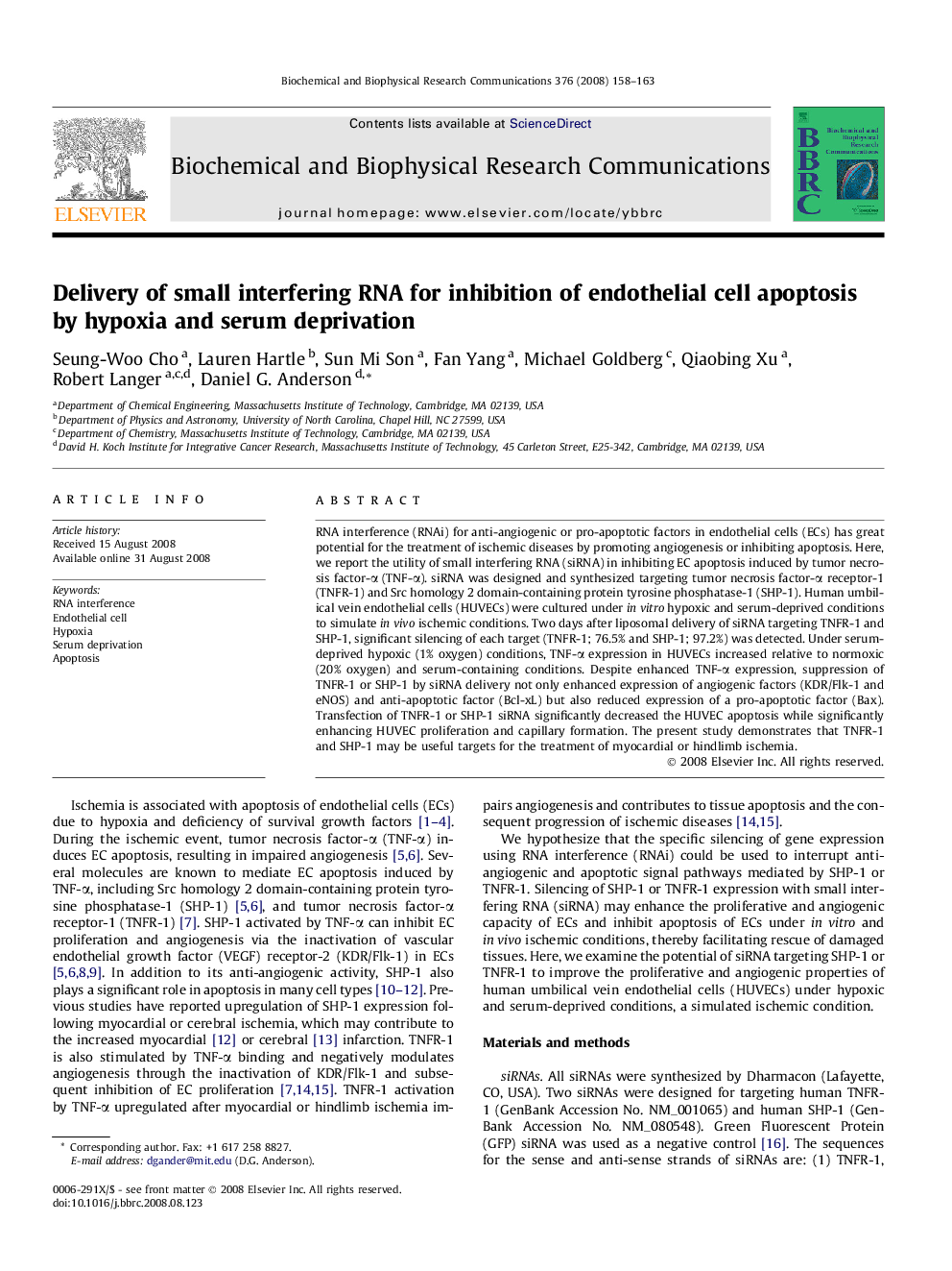 Delivery of small interfering RNA for inhibition of endothelial cell apoptosis by hypoxia and serum deprivation