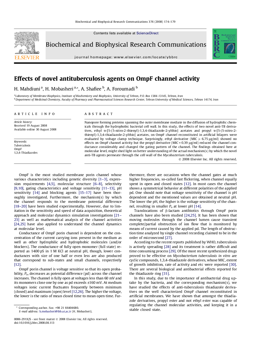 Effects of novel antituberculosis agents on OmpF channel activity