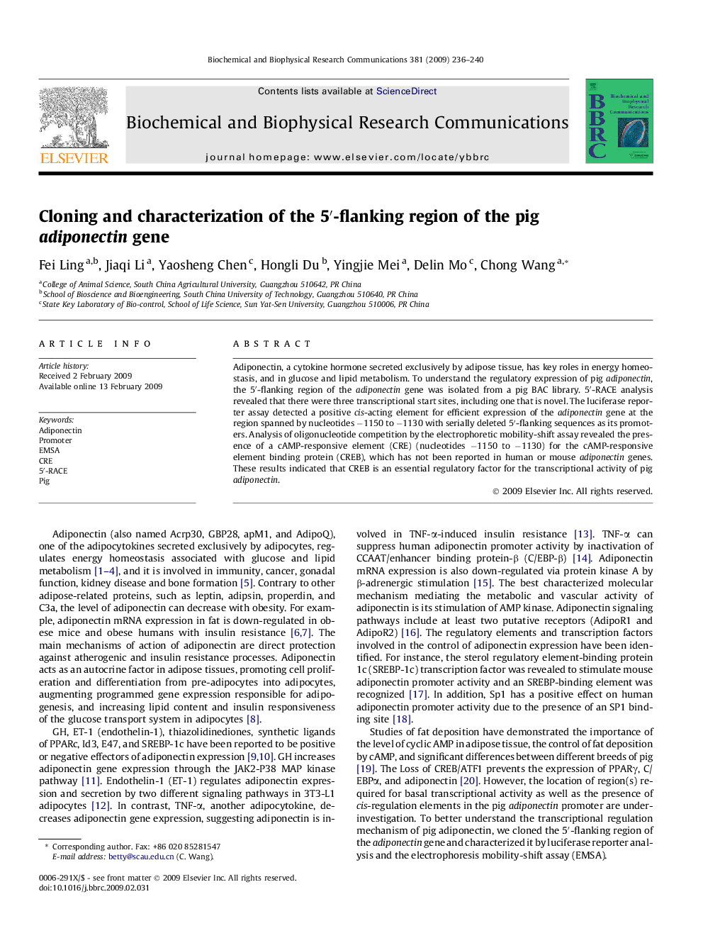 Cloning and characterization of the 5′-flanking region of the pig adiponectin gene