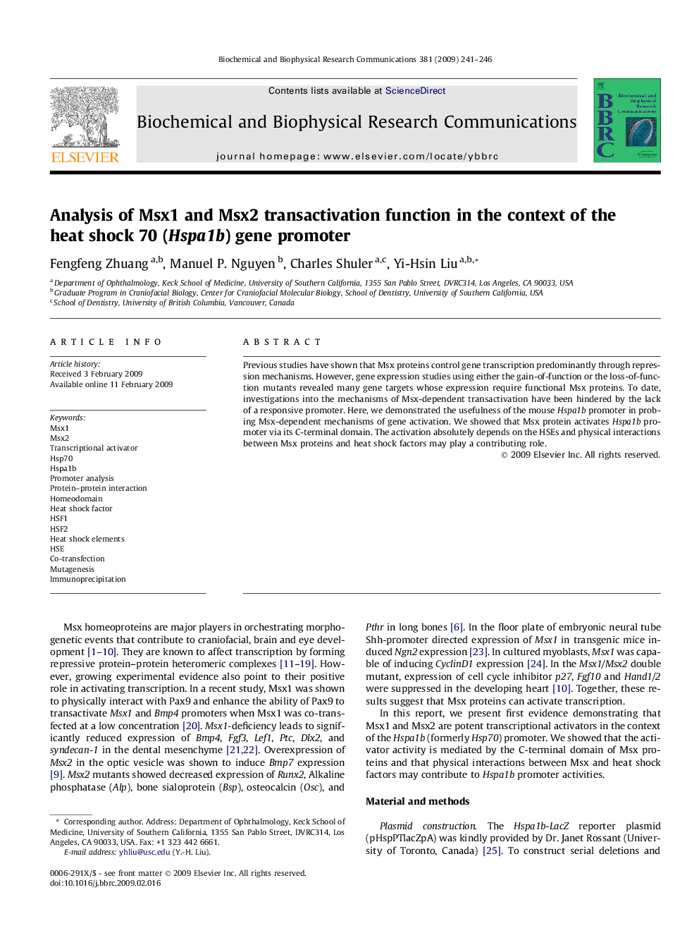 Analysis of Msx1 and Msx2 transactivation function in the context of the heat shock 70 (Hspa1b) gene promoter