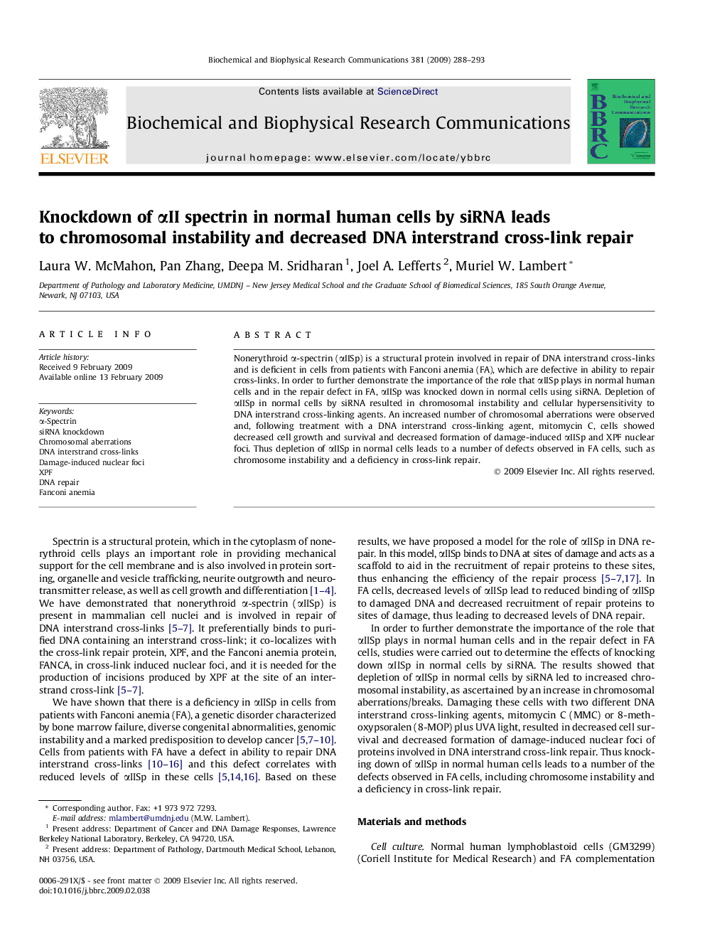 Knockdown of αII spectrin in normal human cells by siRNA leads to chromosomal instability and decreased DNA interstrand cross-link repair