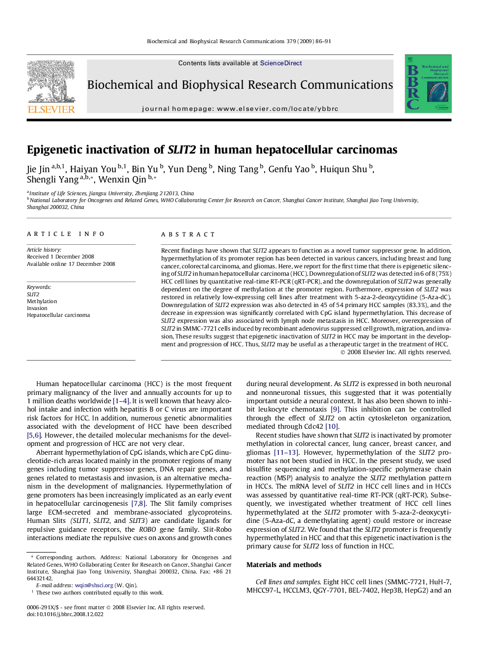 Epigenetic inactivation of SLIT2 in human hepatocellular carcinomas