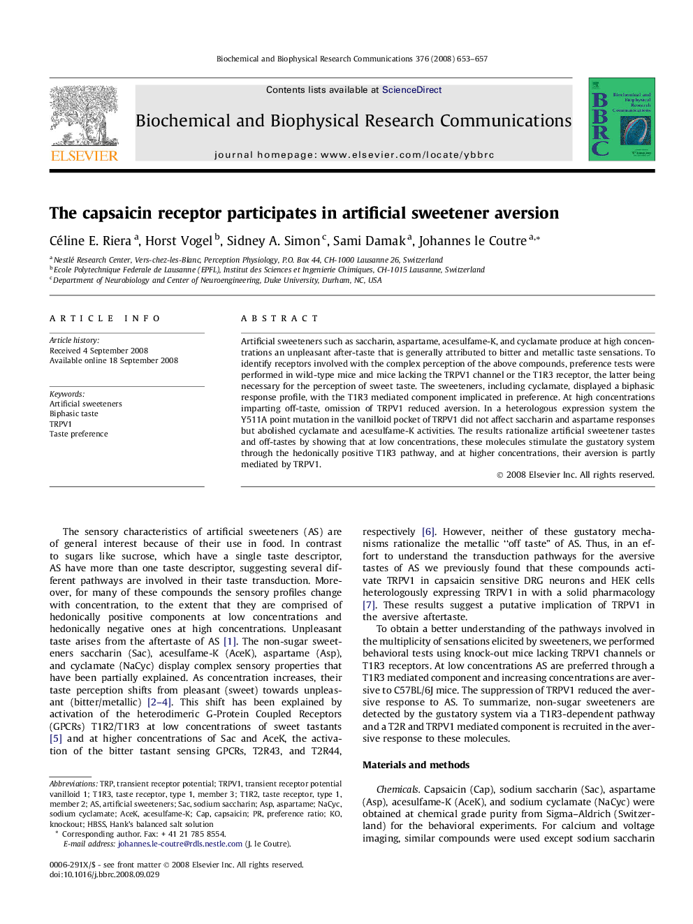 The capsaicin receptor participates in artificial sweetener aversion