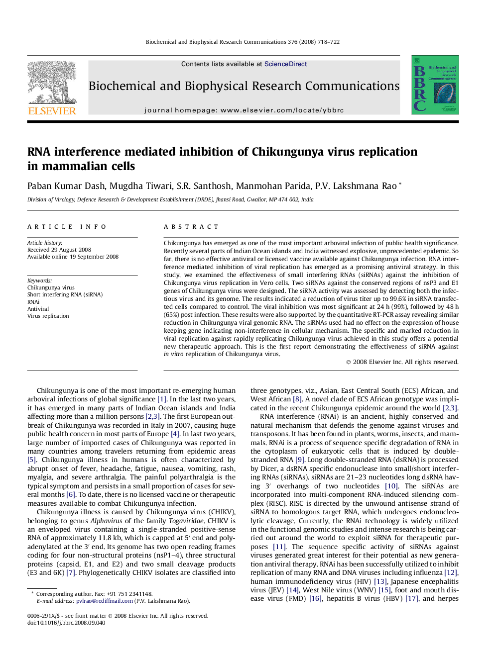 RNA interference mediated inhibition of Chikungunya virus replication in mammalian cells