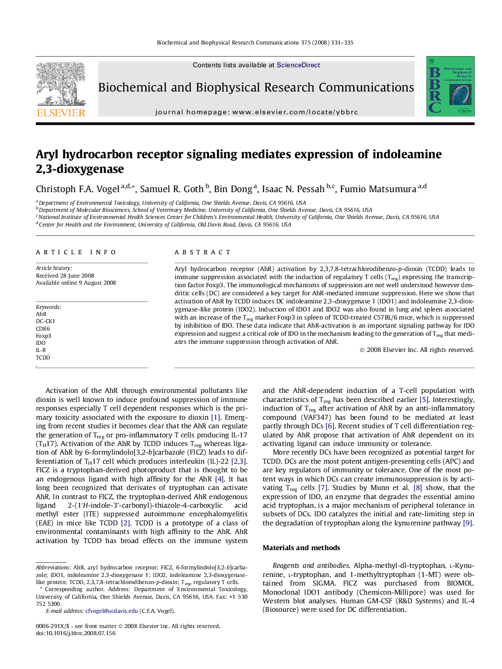 Aryl hydrocarbon receptor signaling mediates expression of indoleamine 2,3-dioxygenase