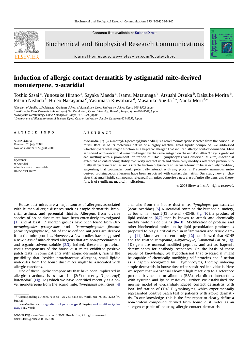 Induction of allergic contact dermatitis by astigmatid mite-derived monoterpene, α-acaridial