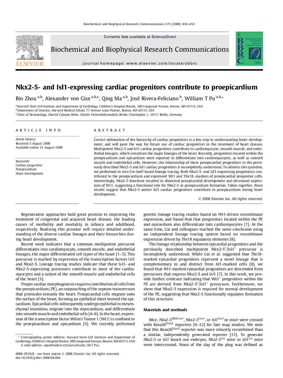 Nkx2-5- and Isl1-expressing cardiac progenitors contribute to proepicardium