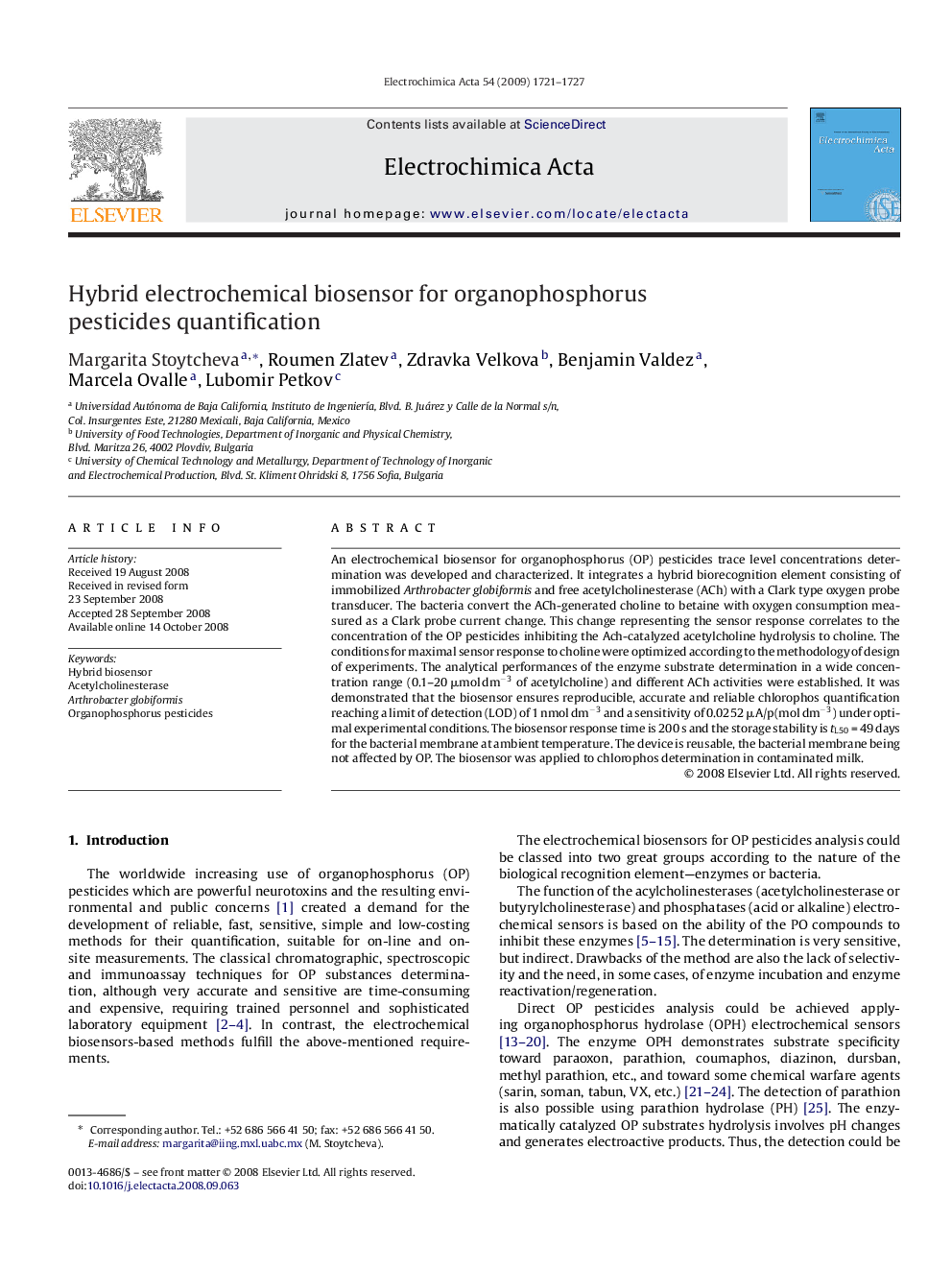 Hybrid electrochemical biosensor for organophosphorus pesticides quantification