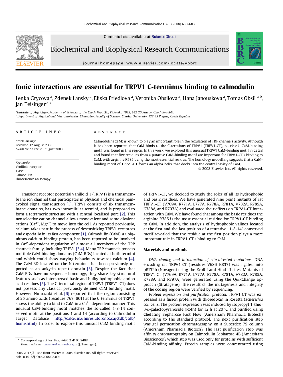 Ionic interactions are essential for TRPV1 C-terminus binding to calmodulin